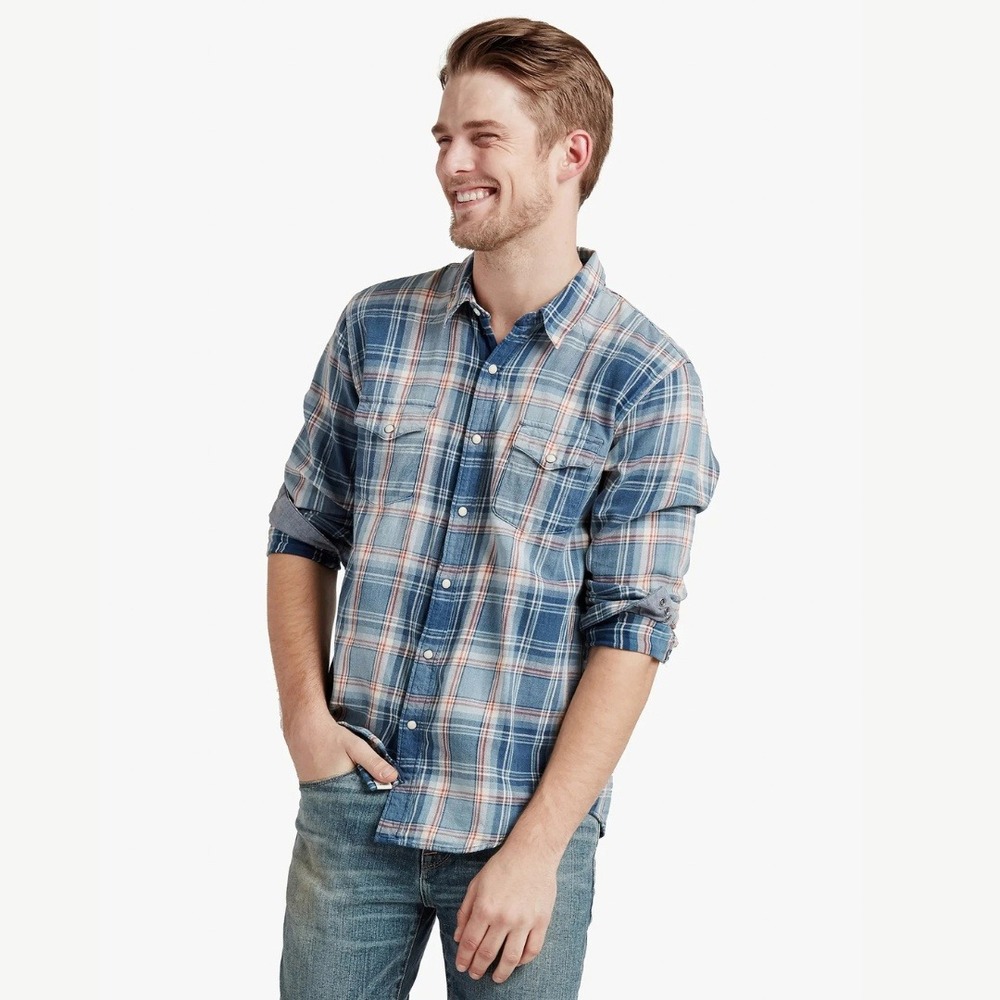 Lucky Brand Western Shirt Mens XXL Indigo Plaid Pearl Snap Classic Fit Cowboy